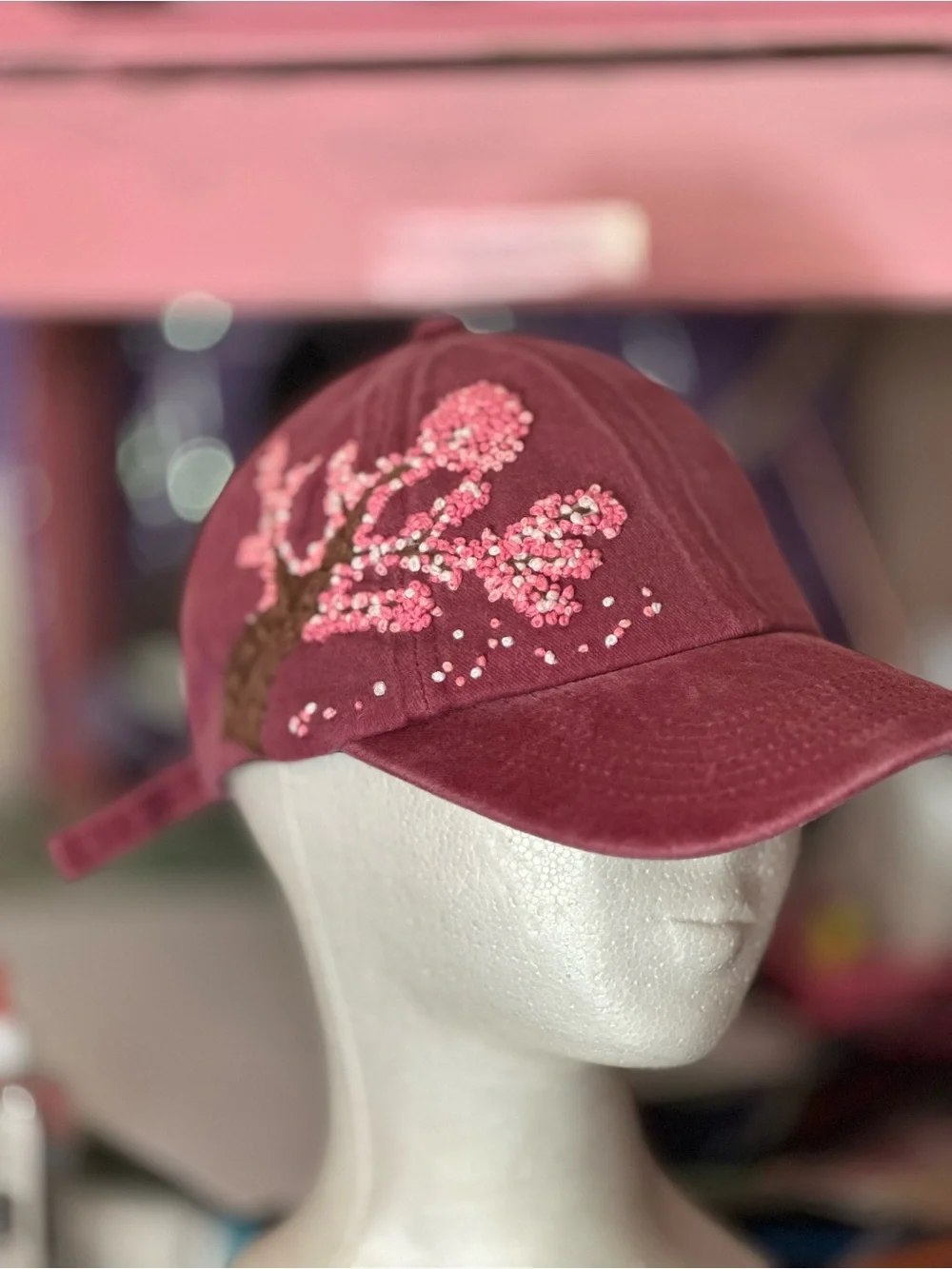 Embroidered Cherry Blossom Baseball Cap - Pink